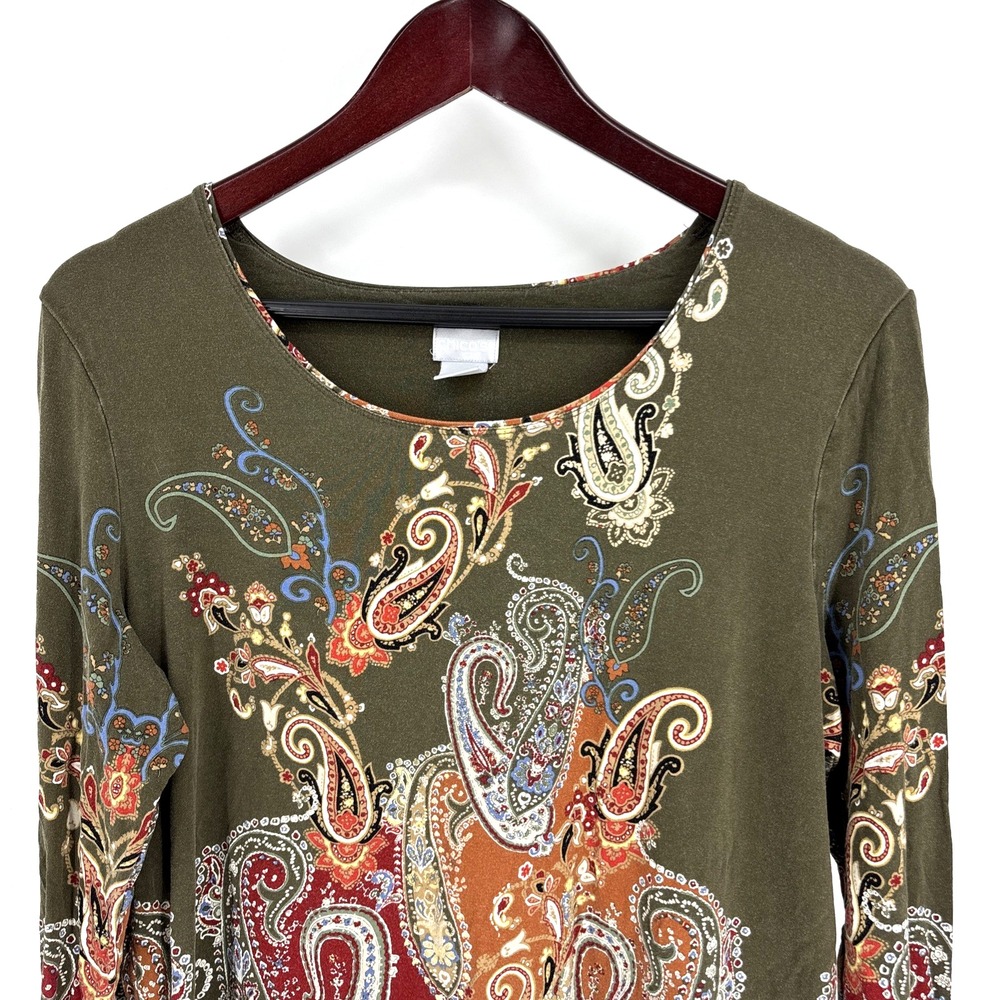 Chicos Olive Green Multi Color Paisley Shirt Top Large Office Stretch Travel - Picture 2 of 6